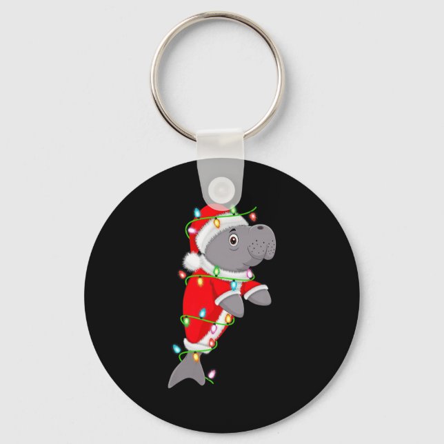 Manatee Christmas Lights Santa Costume Cute Animal Keychain (Front)