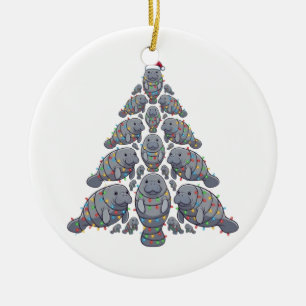 Manatee Christmas Tree Santa Hat Christmas Lights Ceramic Ornament