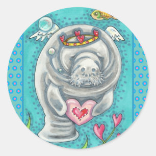 MANATEE CUPID, BUBBLES & HEARTS COLORFUL VALENTINE CLASSIC ROUND STICKER