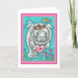 MANATEE CUPID, BUBBLES & HEARTS COLORFUL VALENTINE HOLIDAY CARD