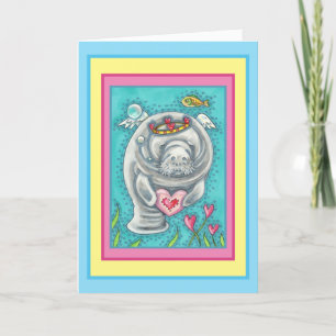 MANATEE CUPID, BUBBLES & HEARTS COLORFUL VALENTINE HOLIDAY CARD