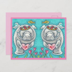 MANATEE CUPID, BUBBLES & HEARTS COLORFUL VALENTINE HOLIDAY POSTCARD