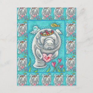 MANATEE CUPID, BUBBLES & HEARTS COLORFUL VALENTINE HOLIDAY POSTCARD