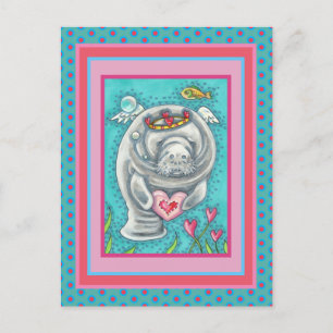 MANATEE CUPID, BUBBLES & HEARTS COLORFUL VALENTINE HOLIDAY POSTCARD