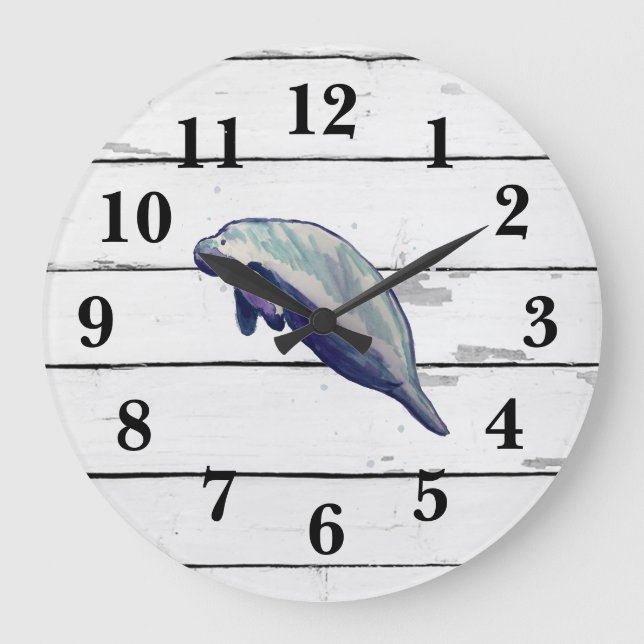 Manatee Florida Wildlife Decor Rustic Shiplap Large Clock (Front)