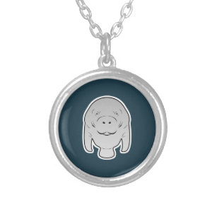 Manatee icon character toon illustration  silver plated necklace
