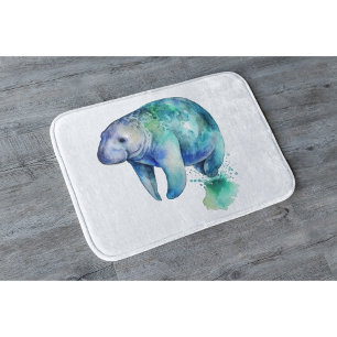 Manatee in blue and green watercolor bath mat