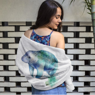 Manatee in blue and green watercolor bath towel