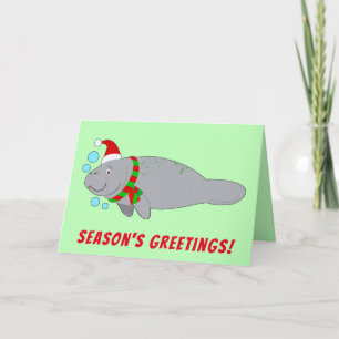 Manatee in Santa Hat and Scarf Season's Greetings Holiday Card