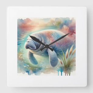 Manatee in the sea 160924AREF101 - Watercolor Square Wall Clock