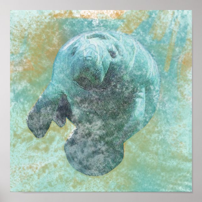 Manatee In Water Coastal Artwork Poster (Front)