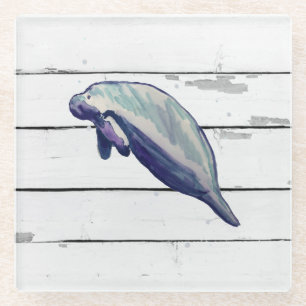 Manatee Painting Beach Decor Glass Coaster