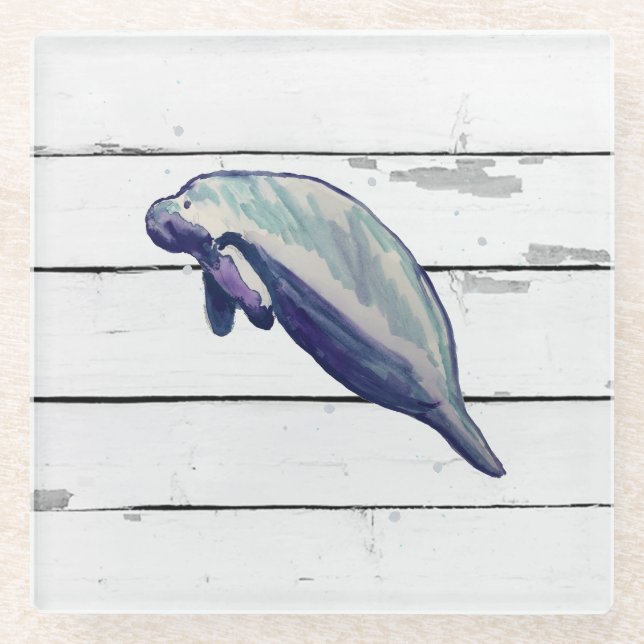 Manatee Painting Beach Decor Glass Coaster (Front)