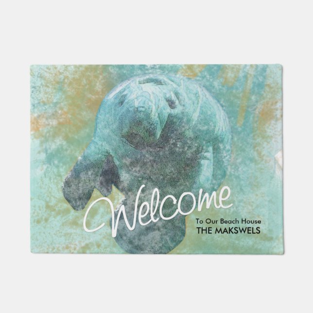 Manatee Painting Beach House Welcome Mat (Front)