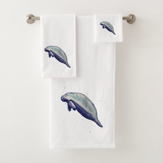 Manatee Painting Watercolor Bath Towel Set (Insitu)