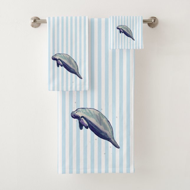 Manatee Painting Watercolor Blue Bath Towel Set (Insitu)