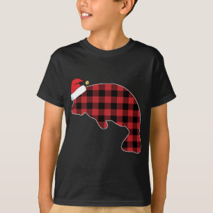 Manatee Red Plaid Pajama Santa Hat Christmas T-Shirt