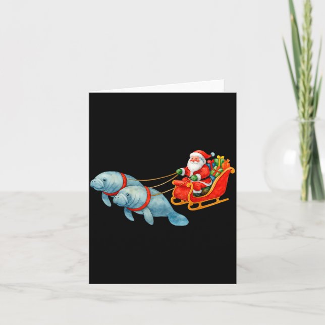 Manatee Santa Christmas Sleigh - Funny Manatee Xma Card (Front)