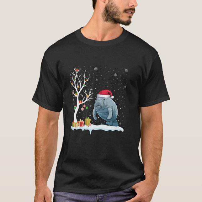 Manatee Santa Hat Festive Tree Light Christmas Paj T-Shirt (Front)