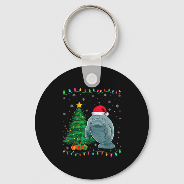 Manatee Santa Hat Men Women Kids Christmas Tree Li Keychain (Front)