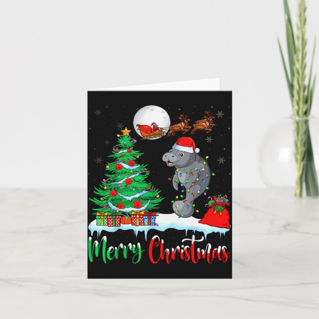 Manatee Santa Hat Xmas Tree Merry Christmas Manate Card (Front)