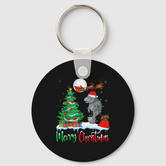 Manatee Santa Hat Xmas Tree Merry Christmas Manate Keychain (Front)