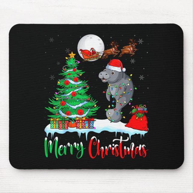 Manatee Santa Hat Xmas Tree Merry Christmas Manate Mouse Pad (Front)