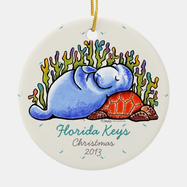 Manatee Sea Turtle Tropical Vacation Keepsake Ceramic Ornament (Front)