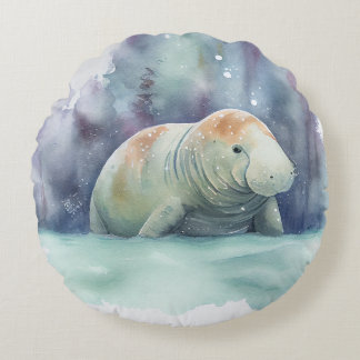 manatee, snow, watercolor round pillow