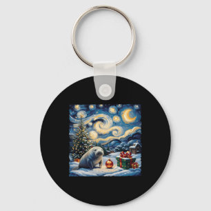 Manatee Van Gogh Style Starry Night Christmas Wint Keychain