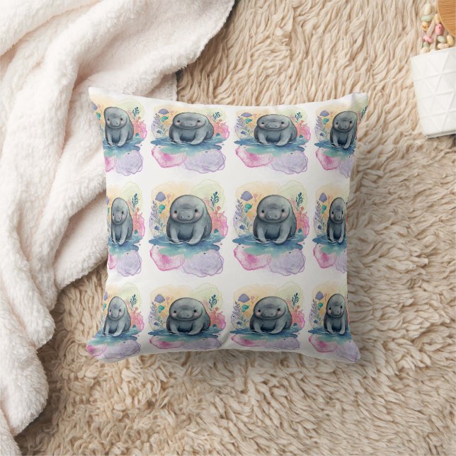 Manatee Watercolor Pattern Throw Pillow (Blanket)