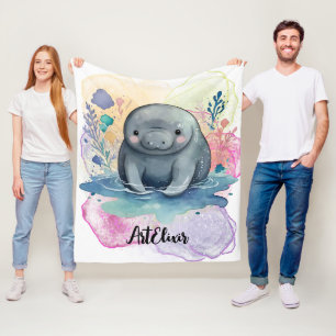 Manatee Watercolor Print Fleece Blanket