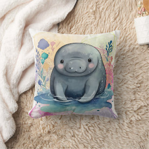 Manatee Watercolor Print Throw Pillow