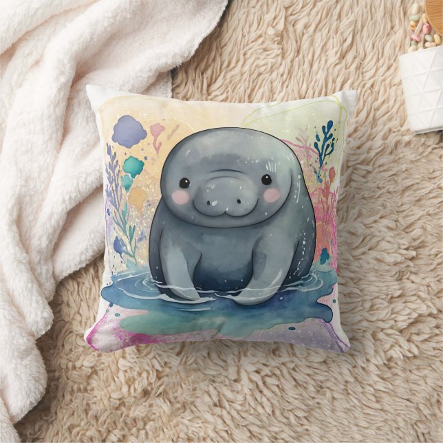 Manatee Watercolor Print  Throw Pillow (Blanket)