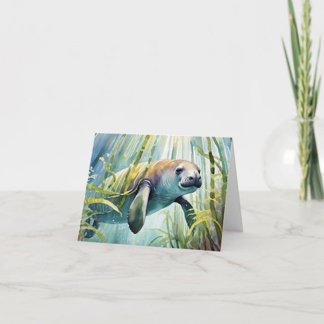 Manatee Watercolor Stationery Card (Front)
