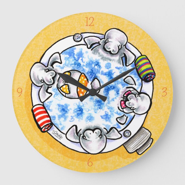 Manatees Hot Tub Fun Off-Leash Art™ Large Clock (Front)