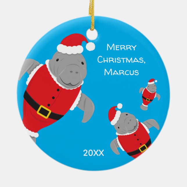 Manatees in Santa Outfits Merry Christmas Name Ceramic Ornament (Back)