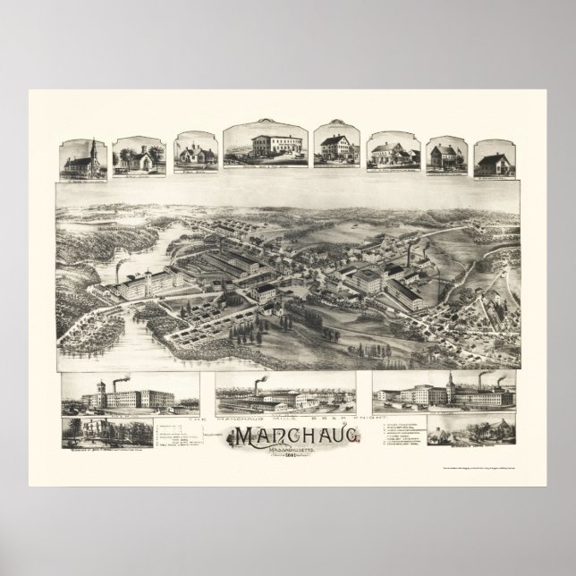 Manchaug, MA Panoramic Map - 1891 Poster (Front)