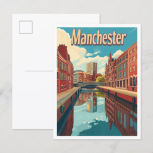 Manchester England Art Vintage Travel Illustration Postcard