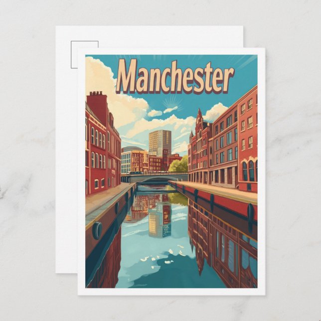 Manchester England Art Vintage Travel Illustration Postcard (Front/Back)