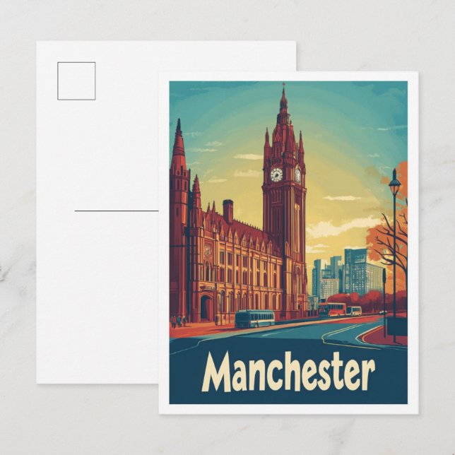 Manchester England UK Vintage Travel Illustration Postcard (Front/Back)