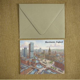 Manchester England Watercolor Illustration Postcard