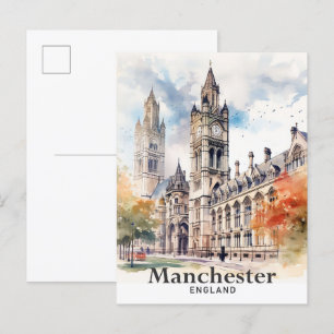 Manchester England Watercolor Painting Travel Postcard