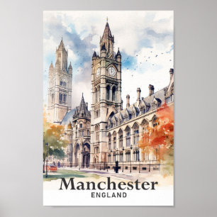 Manchester England Watercolor Painting Travel Poster