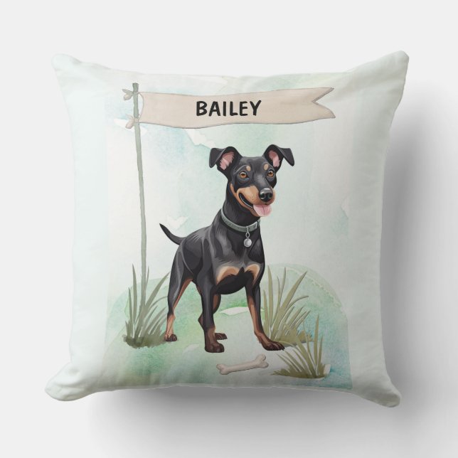 Manchester Terrier Watercolor Personalized Dog Throw Pillow (Front)
