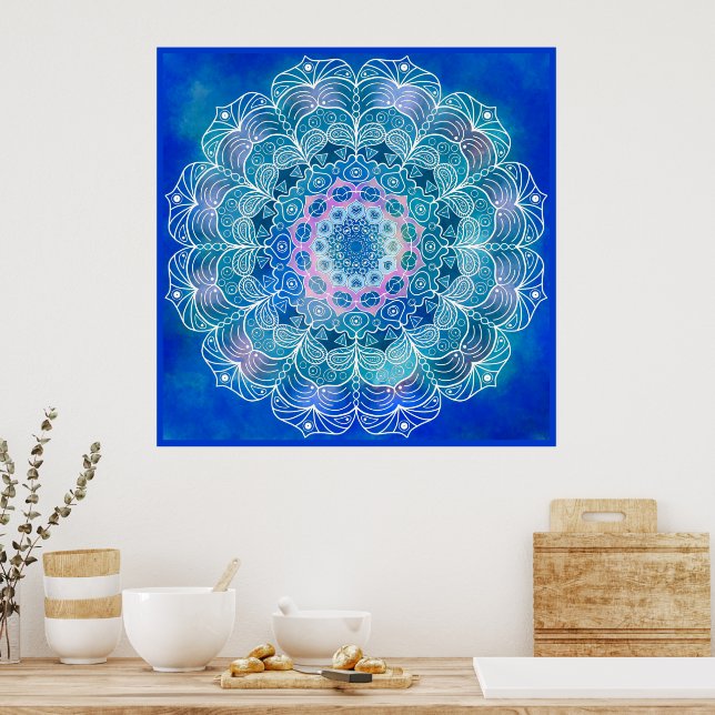 Mandala 12 Blue Teal on blue Background - Poster (Kitchen)