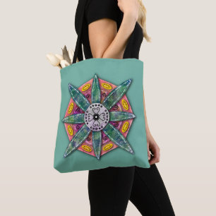 Mandala 8 green petals Flower on Teal - Tote Bag