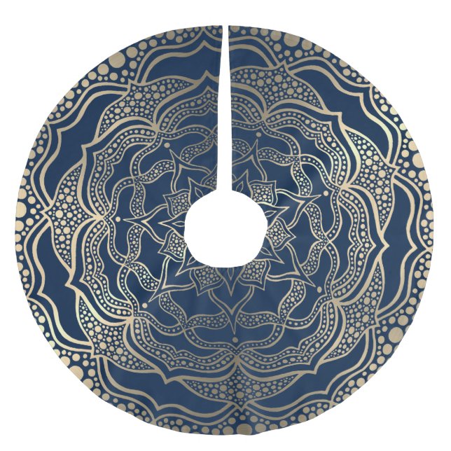  Mandala Art Boho Elegant Gold Navy Blue Christmas Brushed Polyester Tree Skirt (Front)