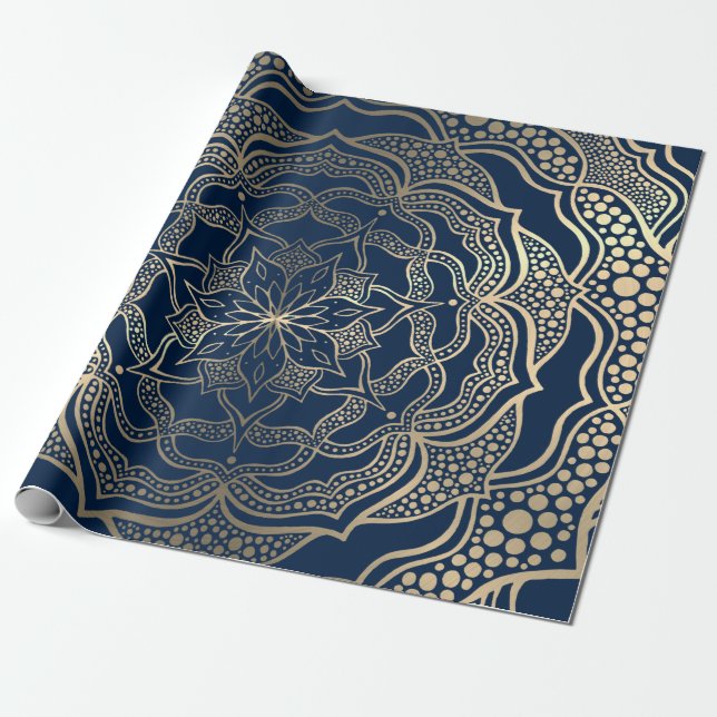  Mandala Art Boho Elegant Gold Navy Blue Christmas Wrapping Paper (Unrolled)