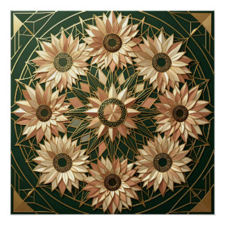 Mandala Art déco Tournesol doré sur fond vert émer